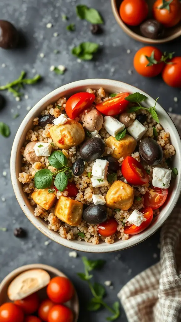A Mediterranean Chicken Quinoa Bowl with quinoa, cherry tomatoes, olives, and feta cheese.