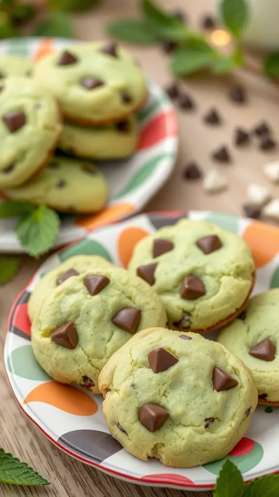 Mint chocolate chip cookies on a colorful plate with chocolate chips scattered around.