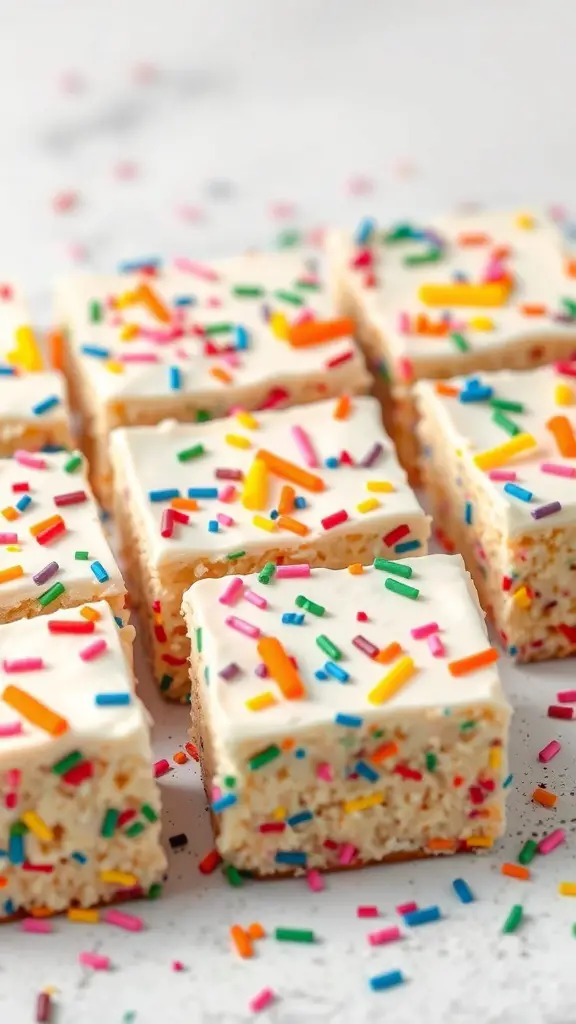 Colorful funfetti cake bars topped with frosting and sprinkles