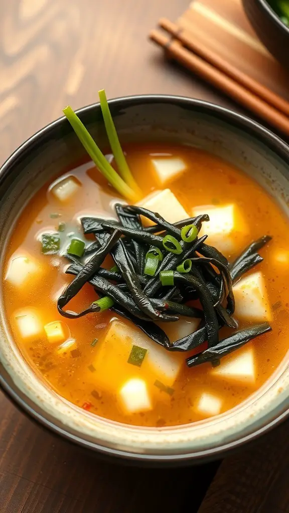 A bowl of Classic Miso Tofu Soup with tofu cubes, seaweed, and green onions in a rich broth.