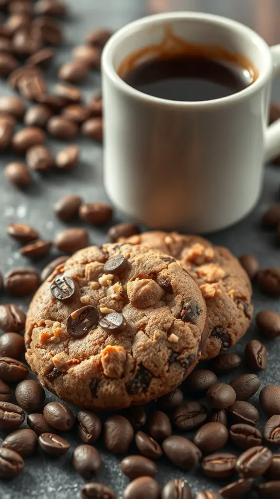 Espresso Toffee Crunch Cookies with a cup of coffee and coffee beans