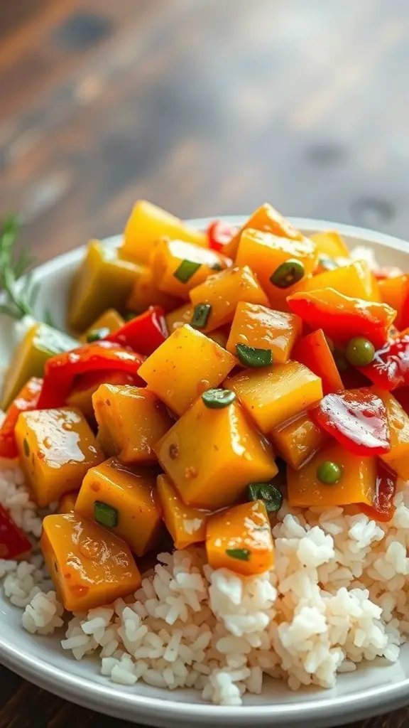 A plate of sweet and sour chicken served over rice with colorful vegetables.