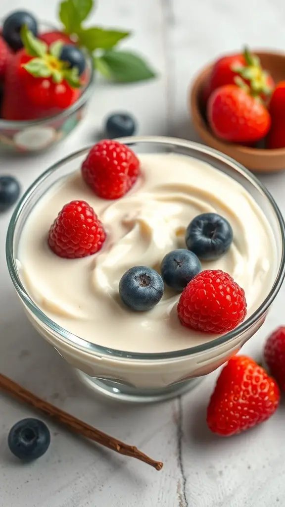 A bowl of creamy cottage cheese pudding topped with fresh raspberries and blueberries, with additional berries in the background.