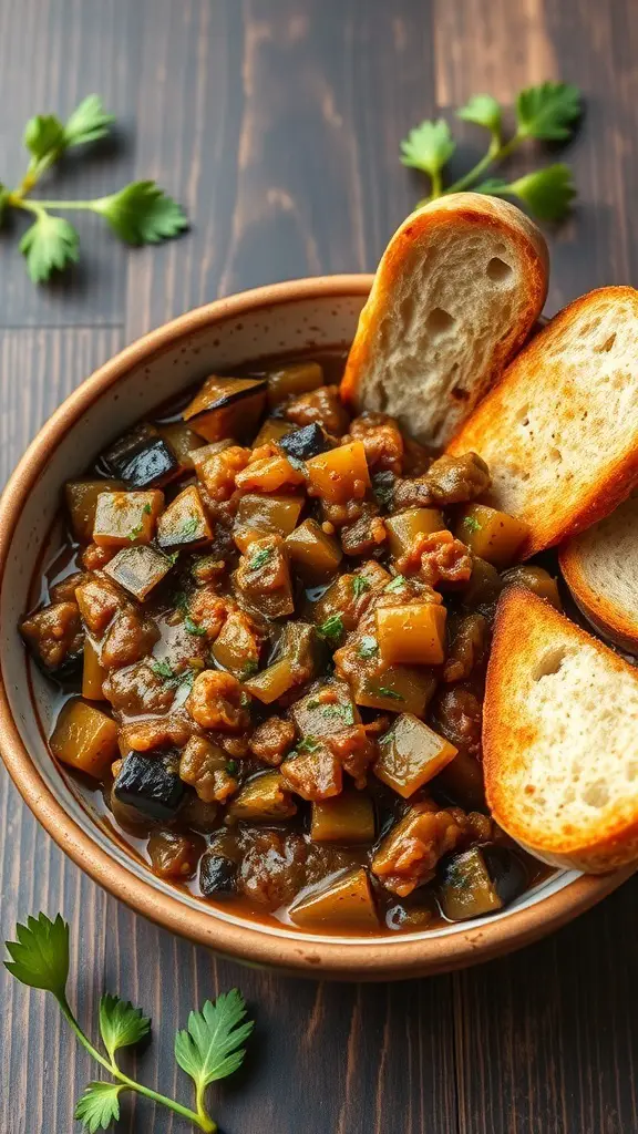 A bowl of eggplant caponata with toasted bread on the side, garnished with fresh herbs.