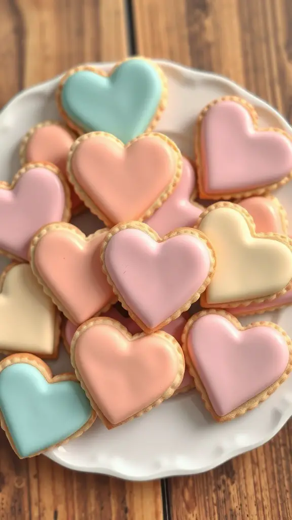 A plate of heart-shaped sugar cookies in pastel colors