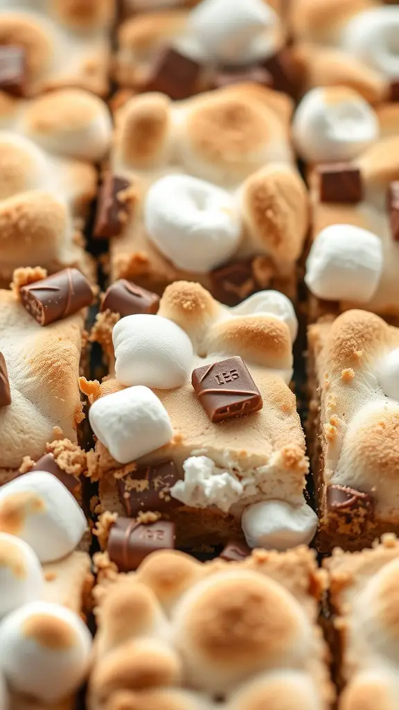 Close-up of S'mores cookie bars topped with marshmallows and chocolate chunks.