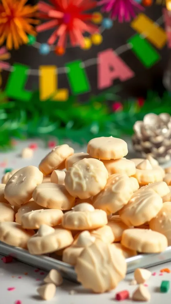A pile of mini white chocolate macadamia nut cookies on a plate, surrounded by colorful party decorations.