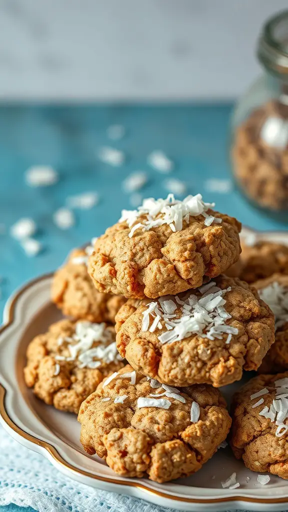 A plate of coconut oatmeal cookies topped with shredded coconut.