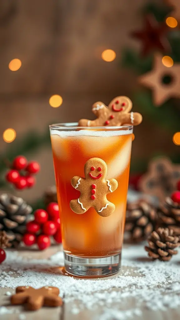 A glass of Gingerbread Men Punch with a gingerbread cookie on the rim, surrounded by festive decorations.