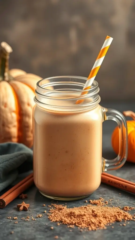 A creamy pumpkin spice protein shake in a mason jar with a striped straw, surrounded by pumpkins and cinnamon sticks.