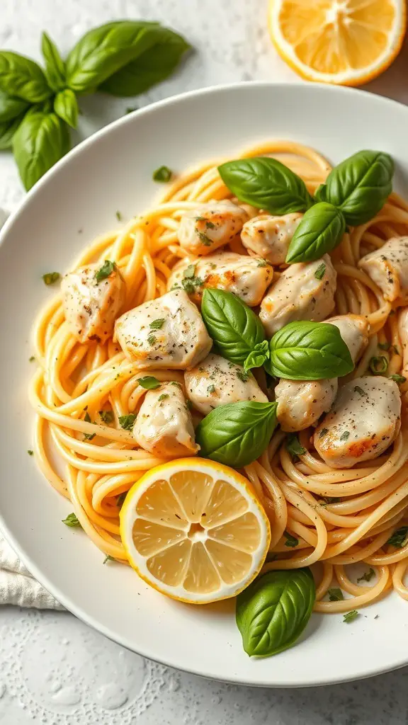 A plate of Lemon Basil Chicken Linguine garnished with basil leaves and a lemon slice.