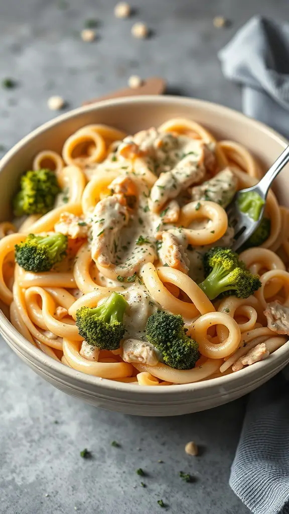 A bowl of Chicken Alfredo with broccoli, featuring creamy pasta, chicken pieces, and bright green broccoli.