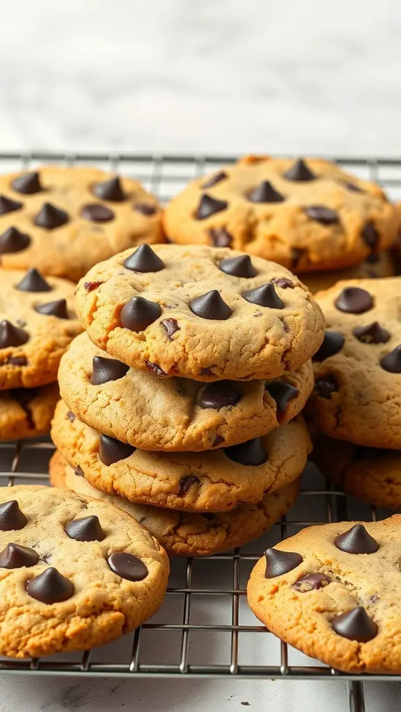 Stack of classic chocolate chip cookies on a cooling rack