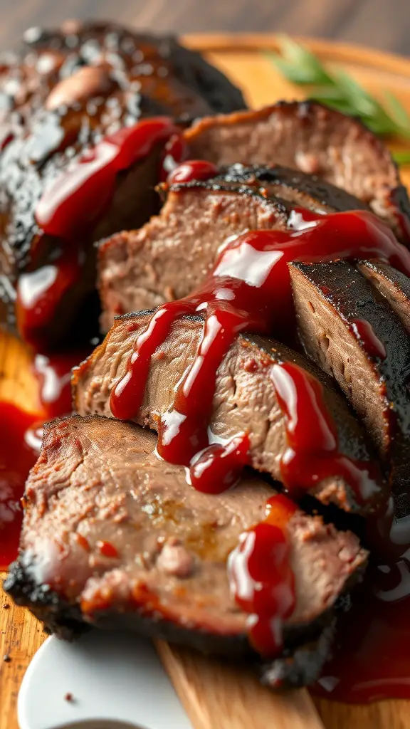 Sliced beef brisket with BBQ sauce on a wooden cutting board