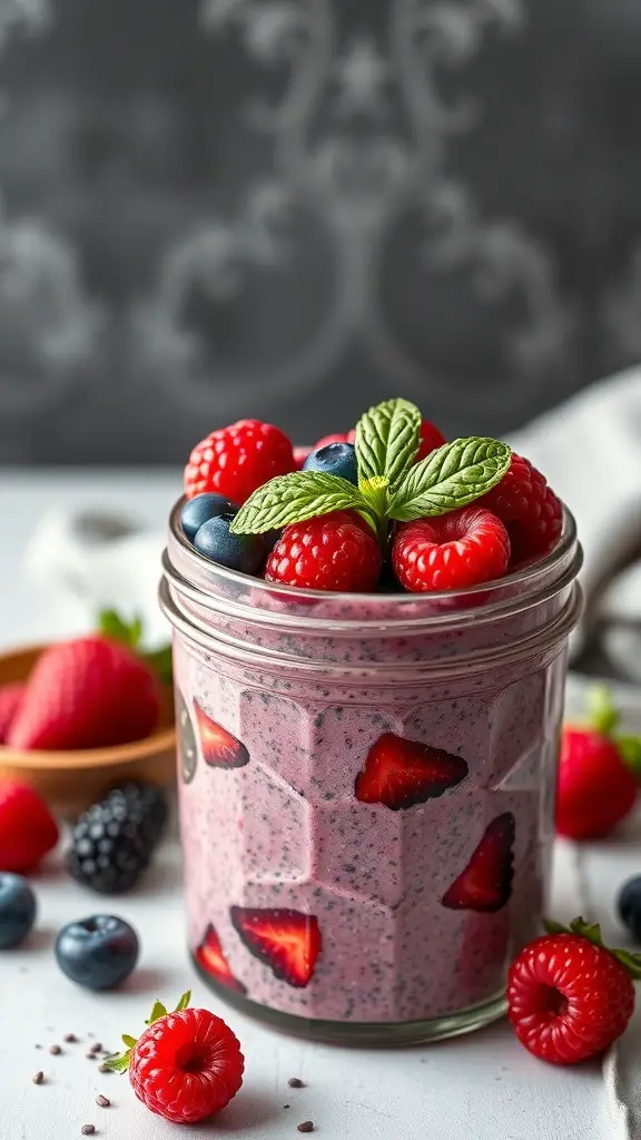 A jar of berry chia seed pudding topped with fresh berries and mint leaves