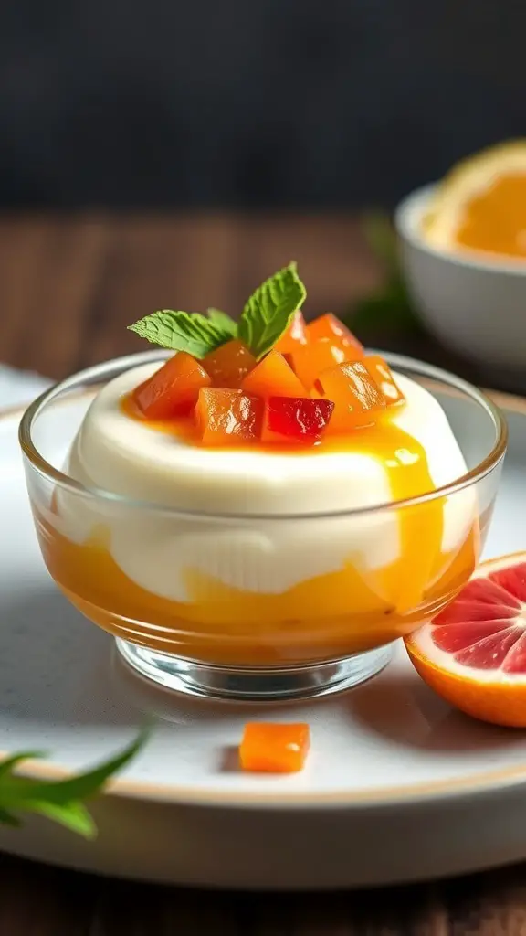 A bowl of lemon panna cotta topped with citrus compote and mint leaves.