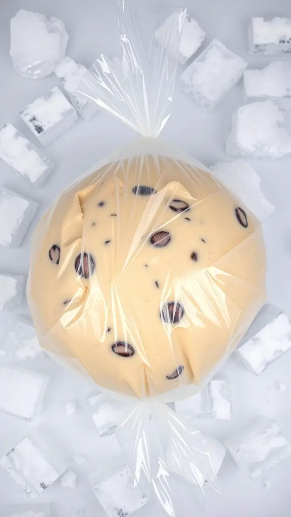 A ball of cookie dough in a plastic bag surrounded by ice cubes
