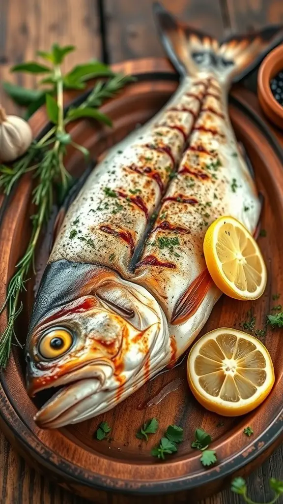 Grilled trout garnished with lemon slices and herbs on a wooden platter.