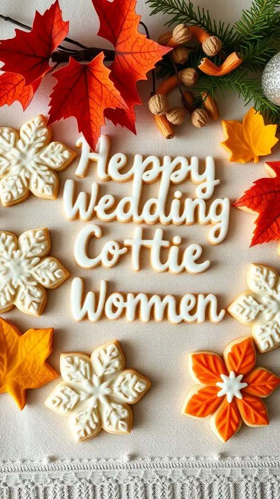 Decorated sugar cookies for a fall wedding, featuring snowflakes and autumn leaves.