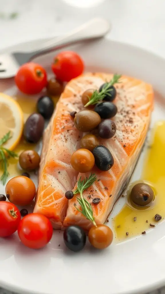 A plate of Mediterranean salmon topped with olives and capers, served with cherry tomatoes and a lemon wedge.