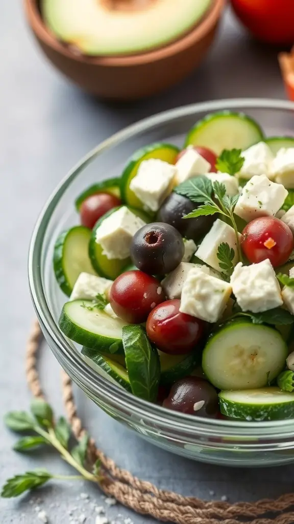 A bowl of Cucumber and Feta Salad with cucumbers, cherry tomatoes, and feta cheese.