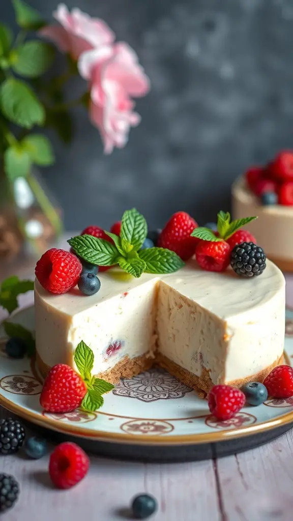 A no-bake cheesecake topped with fresh berries and mint leaves on a decorative plate.