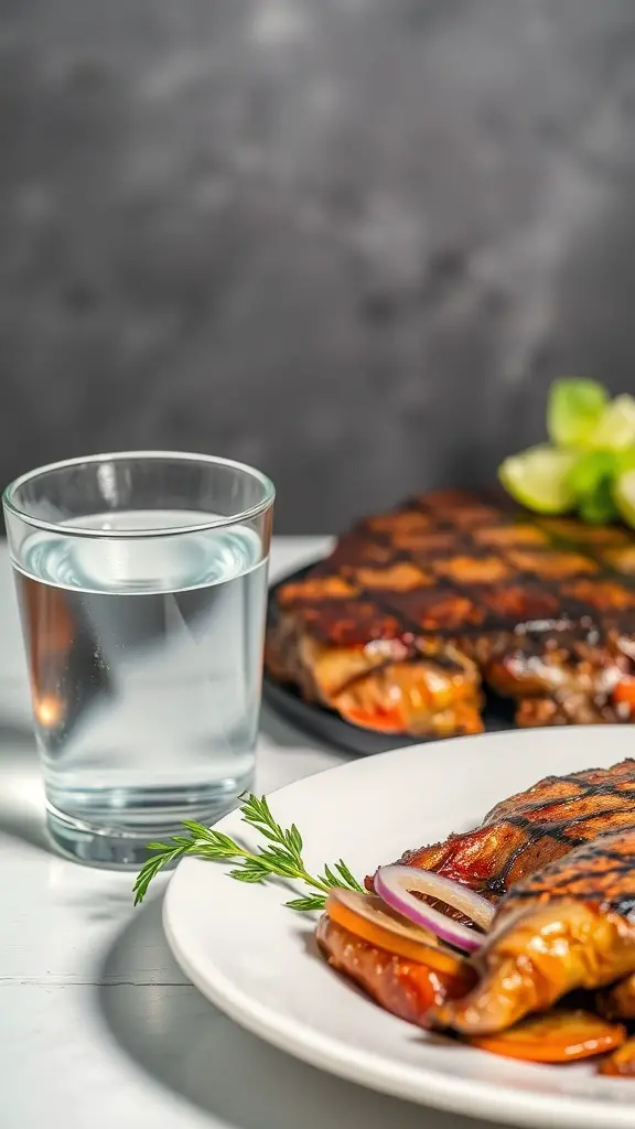A glass of water next to grilled meat on a plate