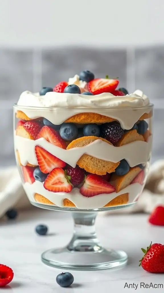 A colorful baby shower trifle with layers of sponge cake, whipped cream, and fresh berries.