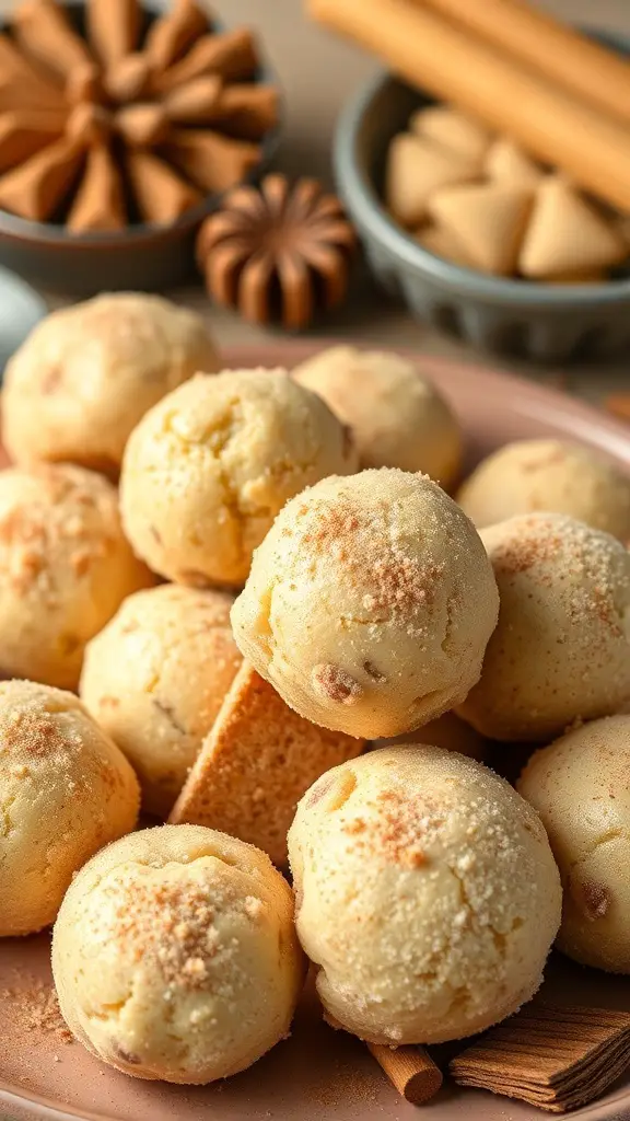 A plate of snickerdoodle cookie dough truffles, dusted with cinnamon sugar, surrounded by cinnamon sticks and decorative molds.