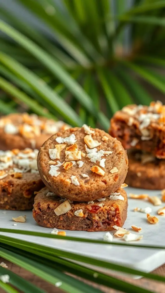 A stack of coconut macaroon brownie cookies with coconut flakes on top, set against a green background.