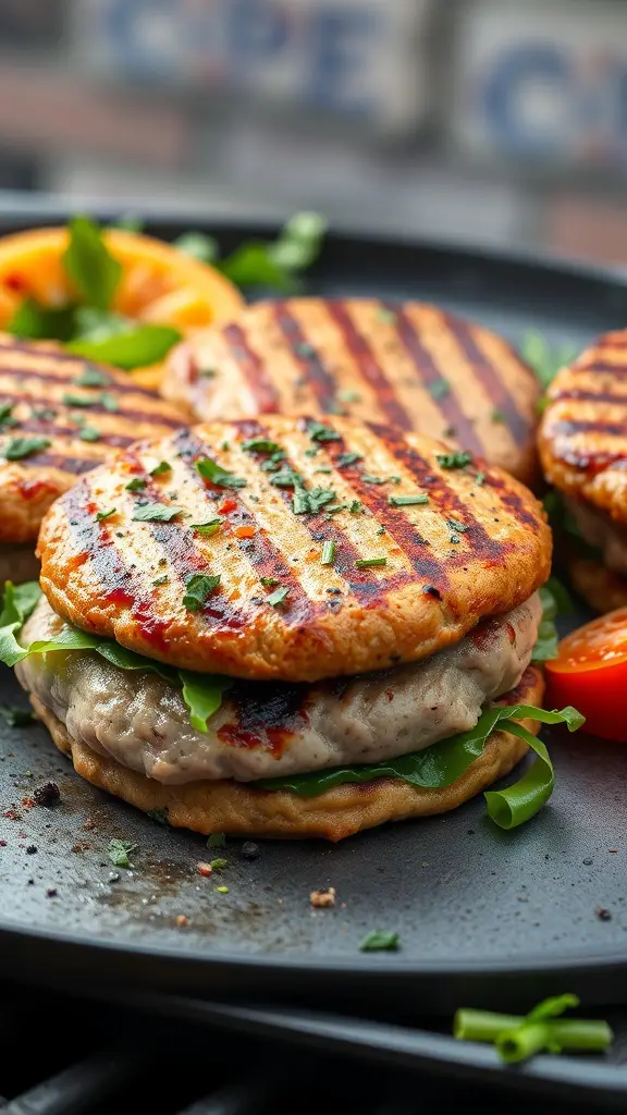 Grilled herbed turkey burgers on a plate with fresh greens and tomatoes