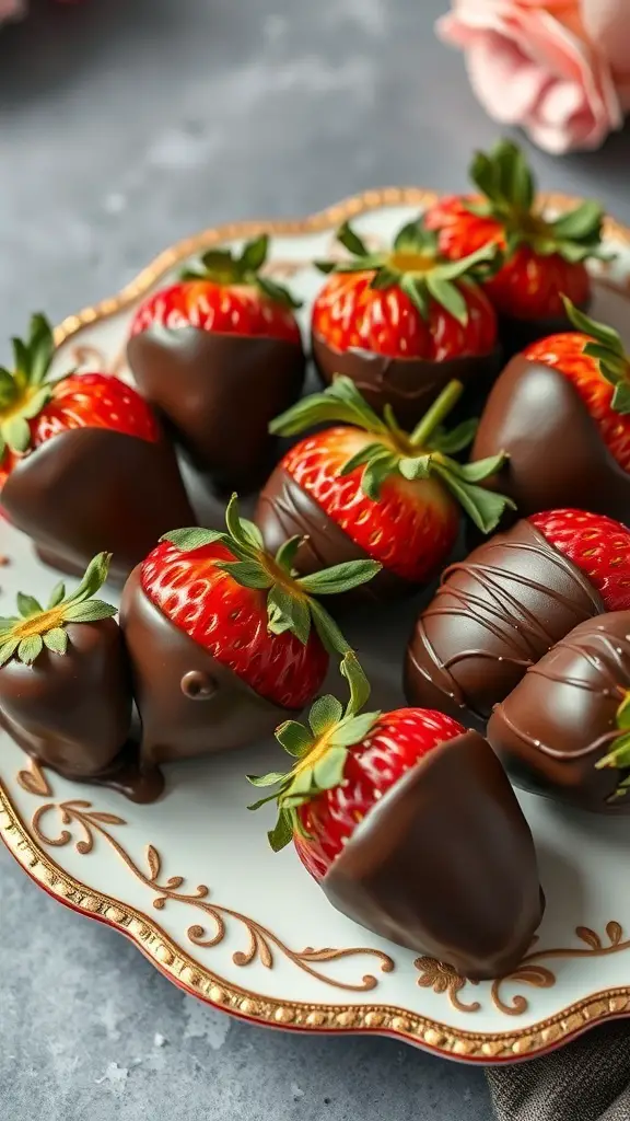 A plate of chocolate-dipped strawberries, some fully dipped and others with decorative chocolate drizzle.