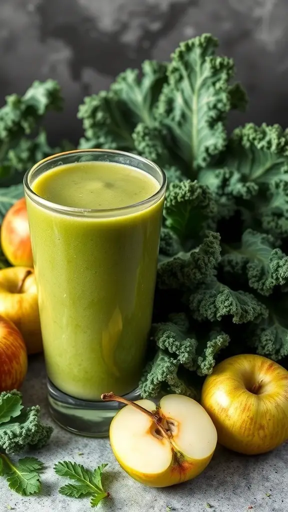 A refreshing green smoothie made with kale and green apples, surrounded by fresh ingredients.