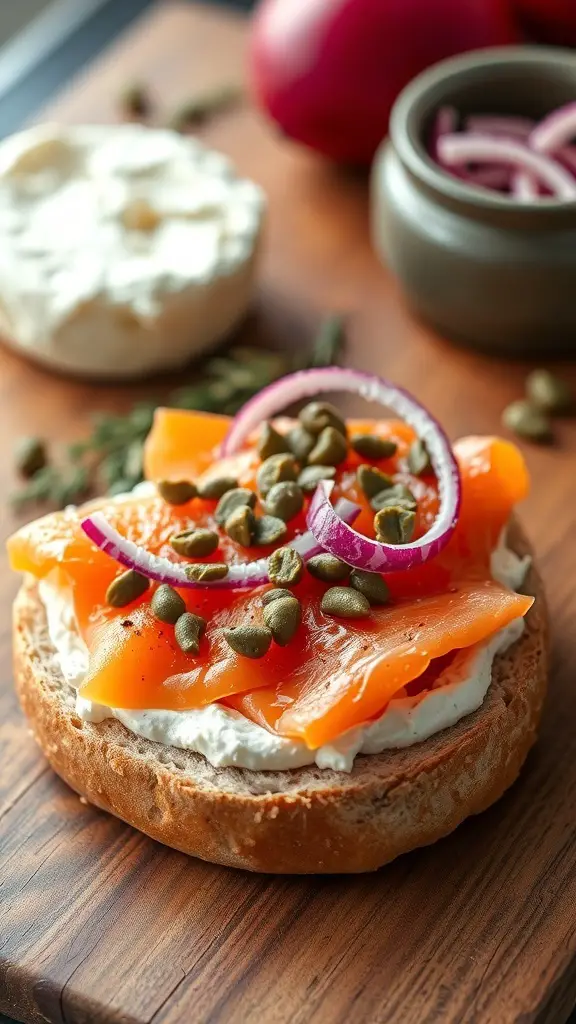 A whole wheat bagel topped with cream cheese, smoked salmon, capers, and red onion slices.