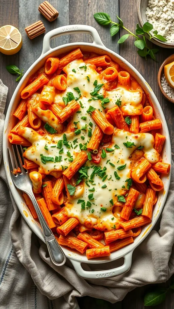 A hearty pasta bake with rigatoni, marinara sauce, and melted cheese, garnished with fresh herbs.