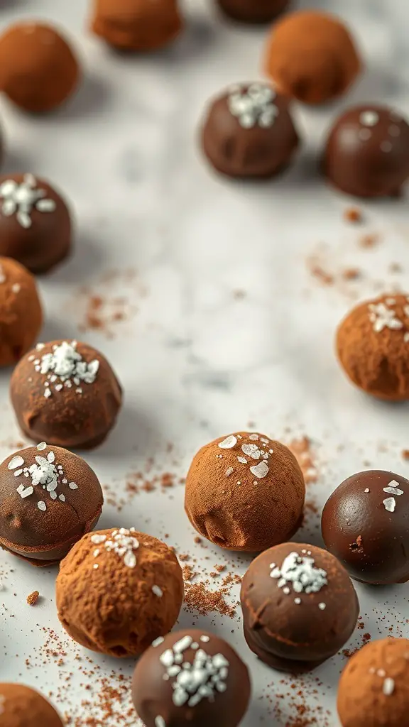 An assortment of chocolate truffles with sea salt on a marble surface.