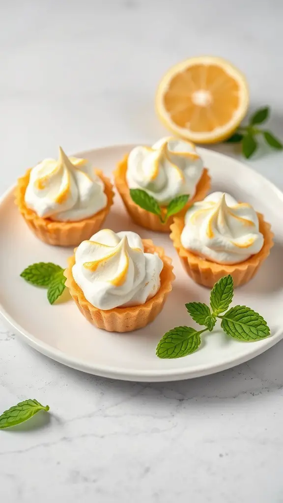 Four lemon meringue tartlets on a plate with mint leaves and a lemon half in the background.