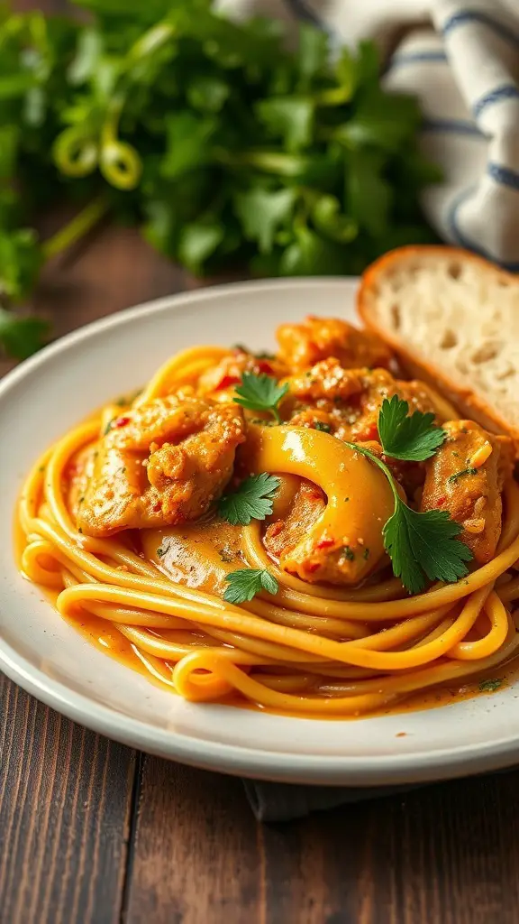 A plate of spicy Cajun chicken pasta with herbs and a slice of bread on the side.
