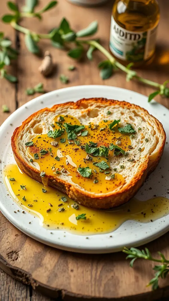 A slice of toast drizzled with olive oil and topped with fresh herbs on a white plate.