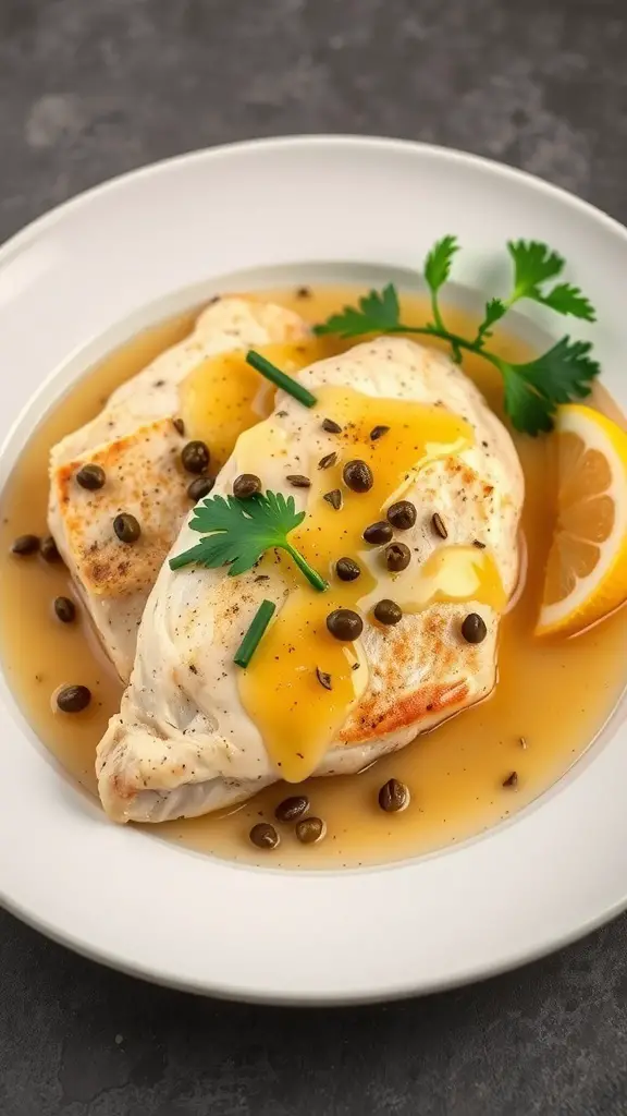 A plate of Chicken Piccata with capers and lemon slices