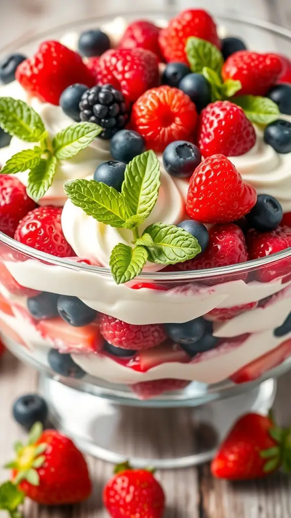 A colorful berry and cream trifle topped with fresh mint leaves.