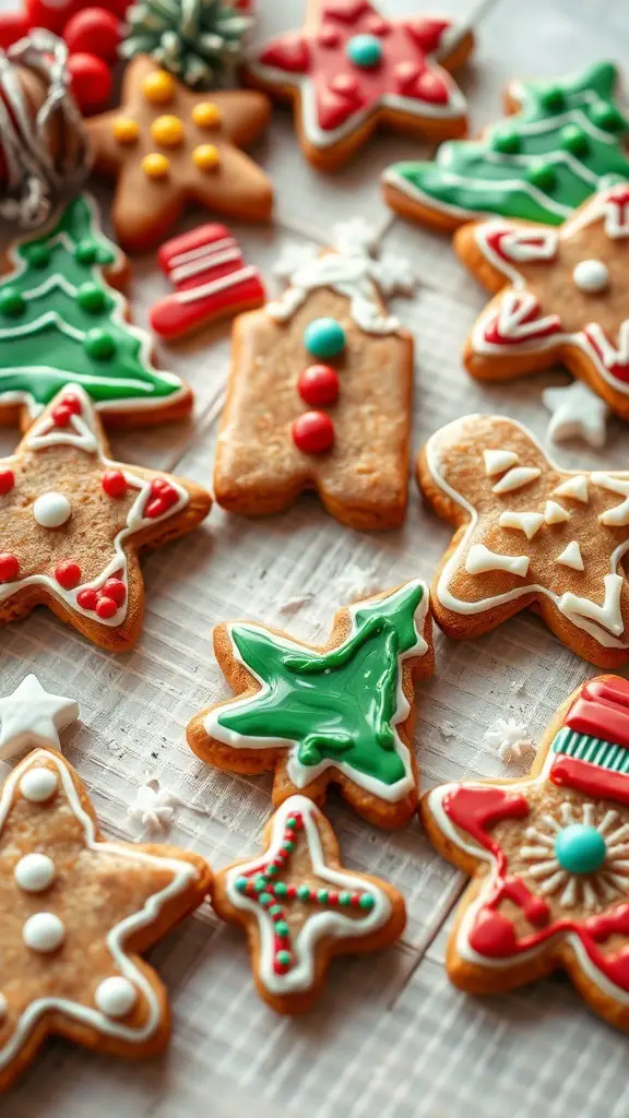 An assortment of decorated gingerbread cookies in festive shapes and colors.