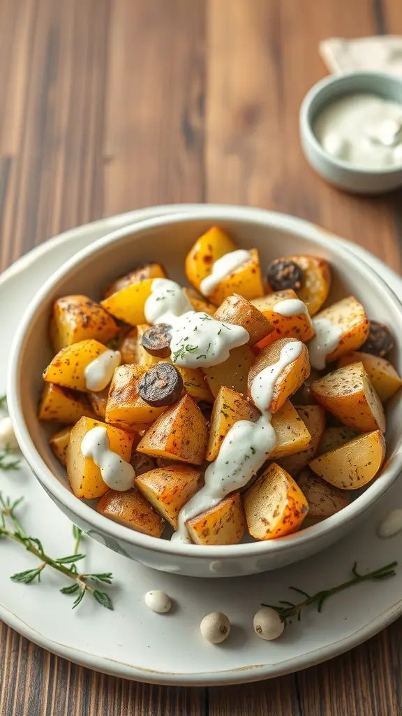 A bowl of zaatar roasted potatoes topped with a creamy sauce, garnished with herbs.