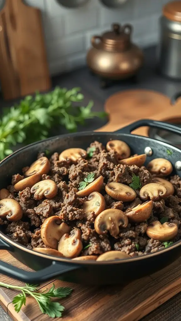 A skillet filled with cooked ground beef and sliced mushrooms, garnished with fresh herbs.