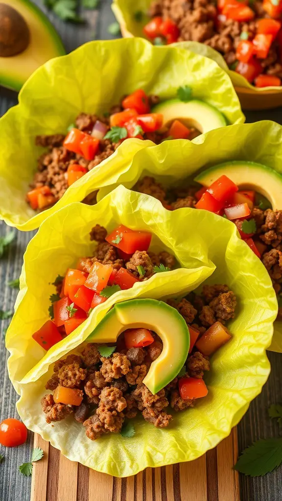 Spicy taco lettuce wraps with ground meat, diced tomatoes, and avocado in yellow lettuce cups