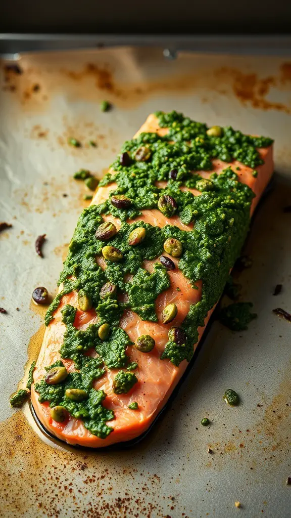 A salmon fillet topped with green pesto and pistachios on a baking sheet.