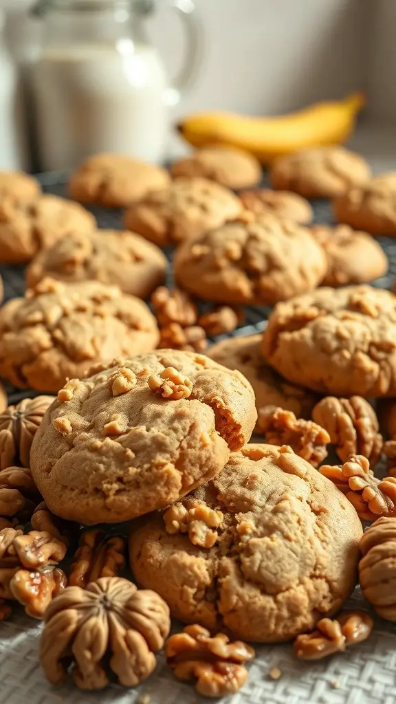 A close-up of banana nut cookies with walnuts, surrounded by walnuts and a banana, with a glass of milk in the background.