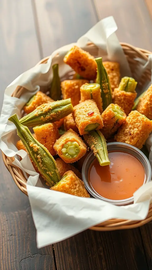A basket of fried okra with a dipping sauce