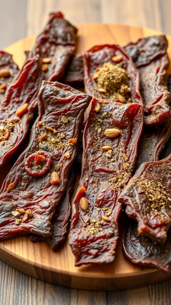 A plate of beef jerky strips seasoned with spices and nuts