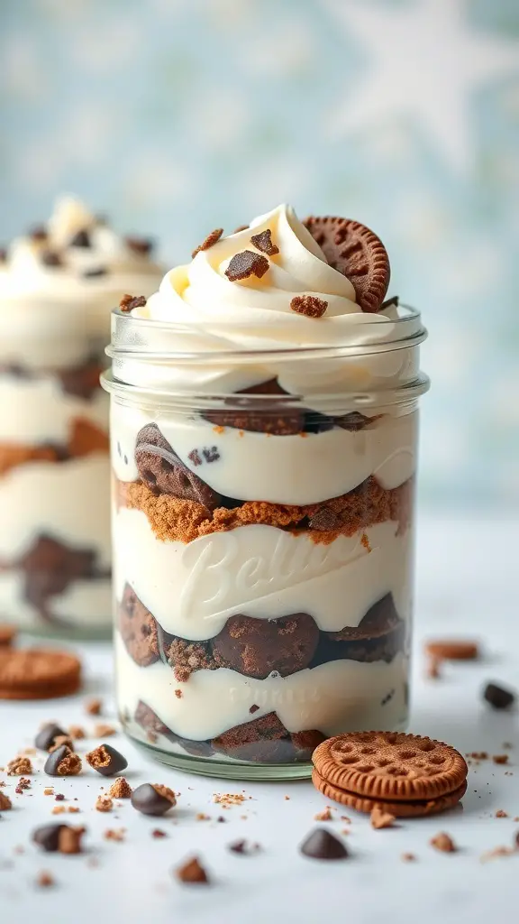 Pudding parfaits in mason jars with layers of pudding and cookies